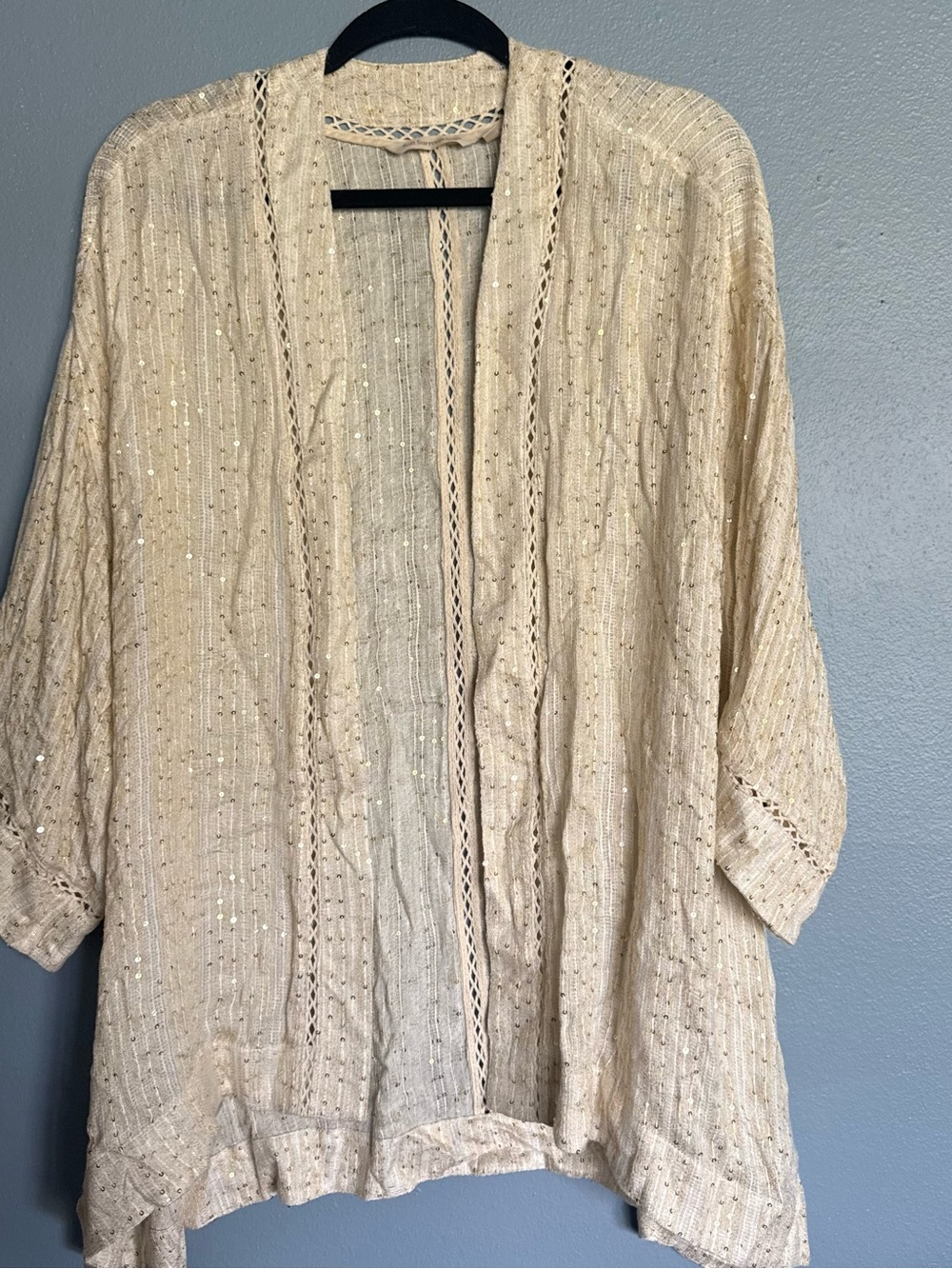 Soft Surroundings Cream Sequin Lace-Trim Cardigan